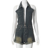 Polo collar sleeveless hanging neck open back rolled edge denim jumpsuit shorts