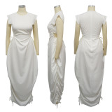 Women's round neck waist cinched flower bud skirt solid color dress
