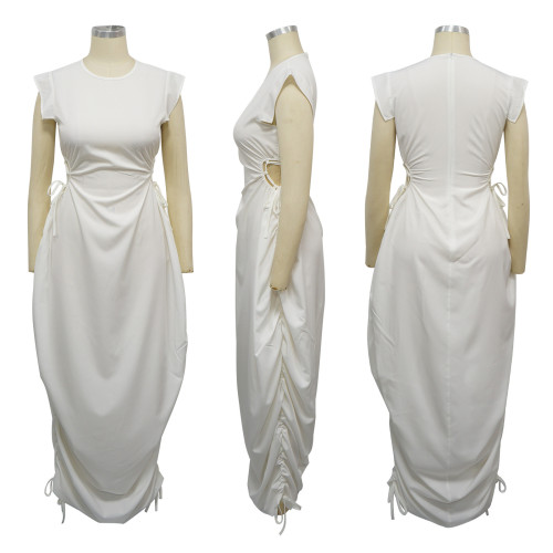Women's round neck waist cinched flower bud skirt solid color dress