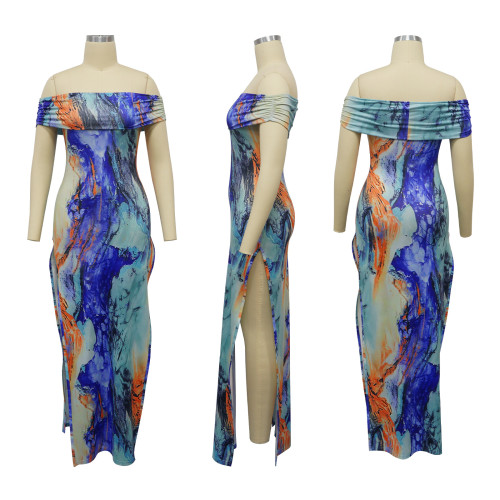One shoulder high slit printed dress