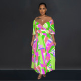 Women's printed backless pleated long dress