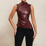 Leather pile neck personalized waistband sloping sleeveless top