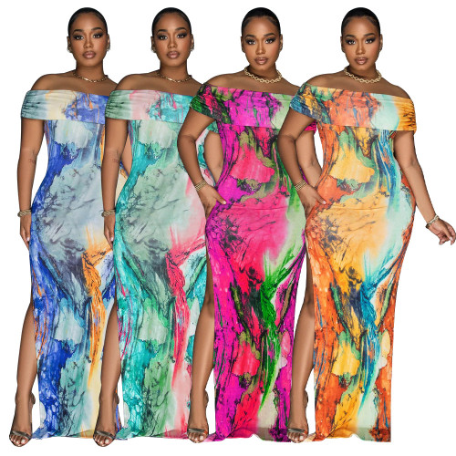 One shoulder high slit printed dress