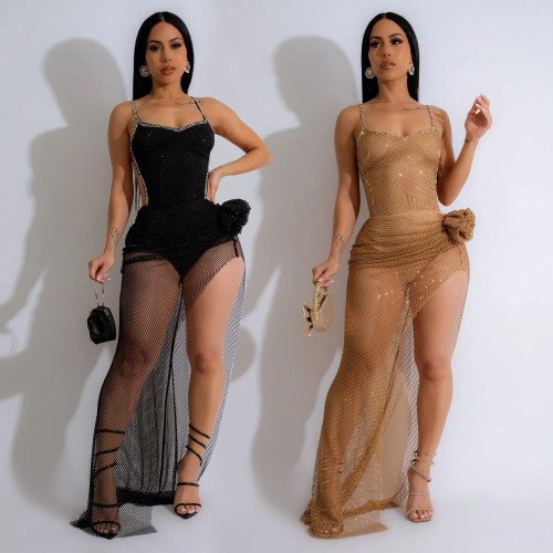Women's solid color irregular suspender long dress