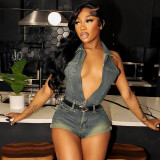 Polo collar sleeveless hanging neck open back rolled edge denim jumpsuit shorts