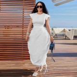 Women's round neck waist cinched flower bud skirt solid color dress