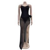 Women's solid color irregular suspender long dress