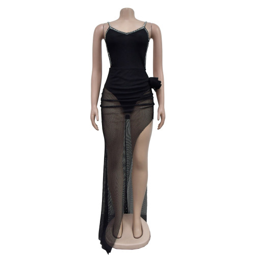 Women's solid color irregular suspender long dress
