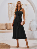 Solid color off shoulder ribbon pleated dress