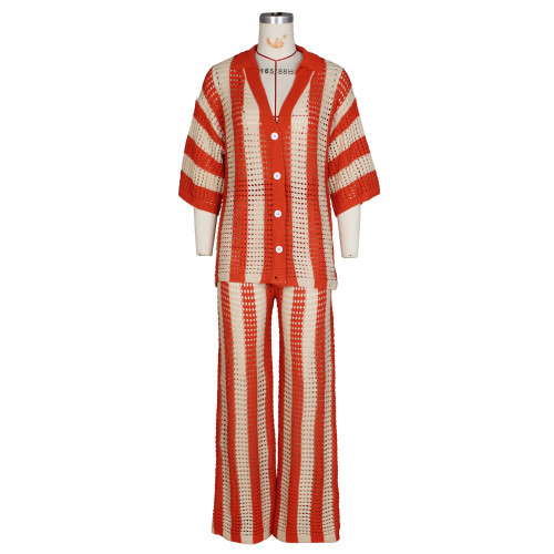 Women's V-neck hollow striped flip collar knitted wide pants set