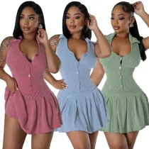 Hanging neck and backless pleated jumpsuit pants