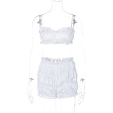 Slim fitting pleated shorts set with suspender and bra