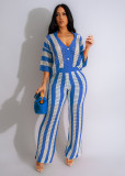 Women's V-neck hollow striped flip collar knitted wide pants set