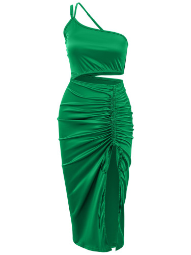 Solid color slanted shoulder hanging neck exposed waist split pleated dress