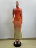 Hanging neck slanted shoulder gradient wrap buttocks backless dress