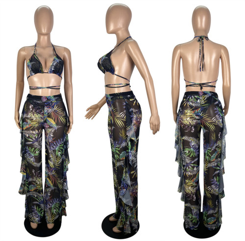 Digital printed swimsuit mesh three piece set