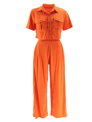 Flip collar short sleeved high waisted wide leg long pants set