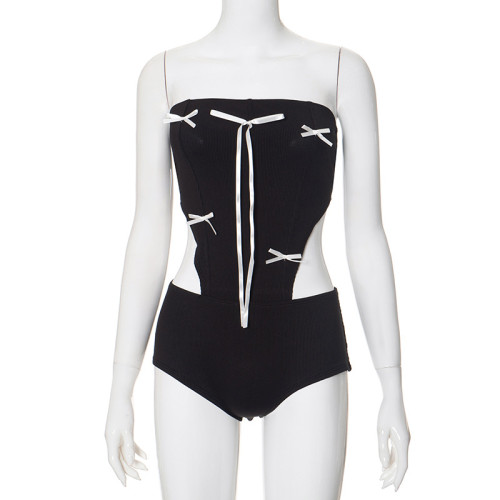 Bow colored contrast strapless hollow out jumpsuit