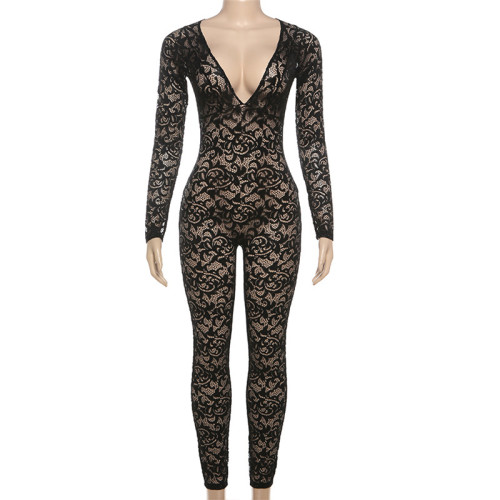 V-neck perspective high waisted tight cut out jumpsuit