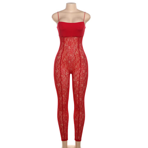 Lace perspective slim fit backless camisole jumpsuit