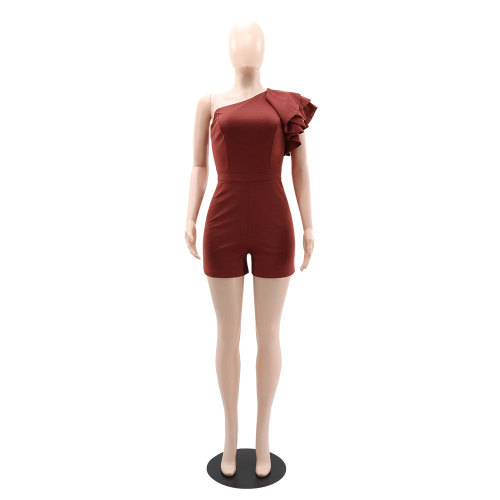 Women's exposed diagonal shoulder jumpsuit high waisted jumpsuit shorts