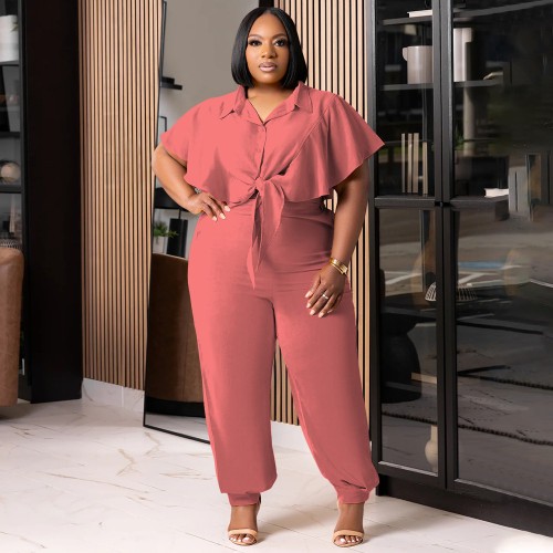 Button tied solid color fashionable casual two-piece set