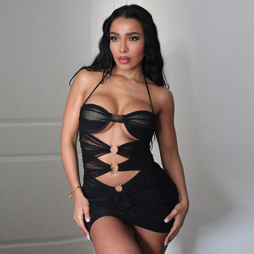 Mesh Perspective Hole Hanging Neck Lace Wrap Hip Dress