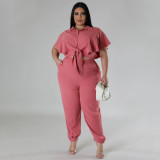 Button tied solid color fashionable casual two-piece set