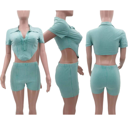 Stir fried color distressed lapel short sleeved set
