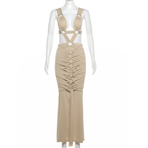 Hollow hole lace up high waisted slim fit buttocks wrapped dress