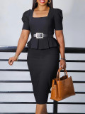 Women's lapel short sleeved OL ruffled hem waist cinching dress