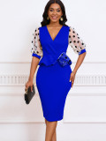 Mesh flocked bubble sleeved V-neck buttocks wrapped dress