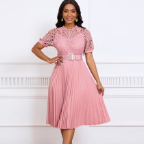 Short sleeved lace patchwork pleated dress