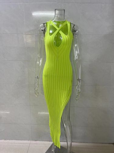 Tight solid knit pit stripe side slit dress