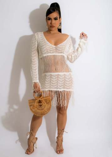 Solid Knitted Hollow Perspective Tassel Beach Skirt