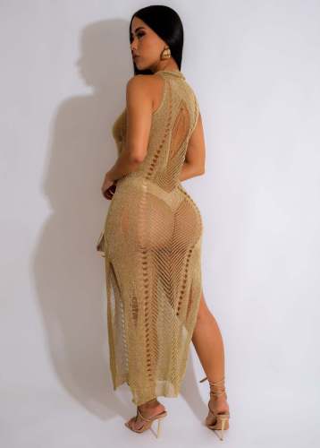 Solid color knitted hollow sleeveless beach skirt