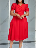V-neck pleated large hem skirt