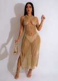 Solid color knitted hollow sleeveless beach skirt