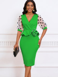 Mesh flocked bubble sleeved V-neck buttocks wrapped dress