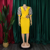 Mesh flocked bubble sleeved V-neck buttocks wrapped dress