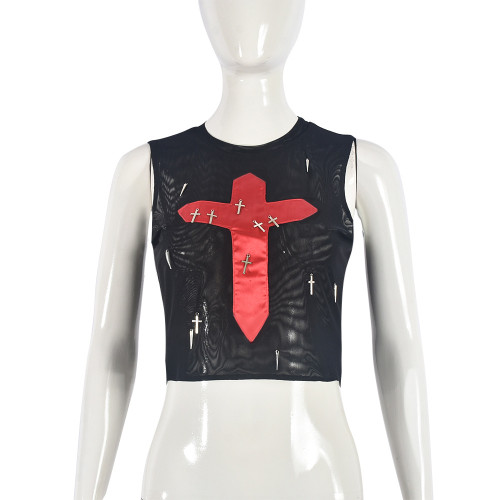 Mesh perspective metal cross vest