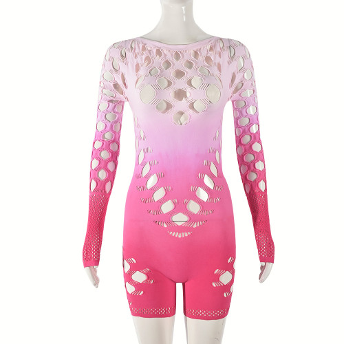 Integrated high elasticity tie dyed hollow out long sleeved jumpsuit