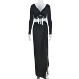 V-neck open back skirt set