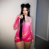 Integrated high elasticity tie dyed hollow out long sleeved jumpsuit