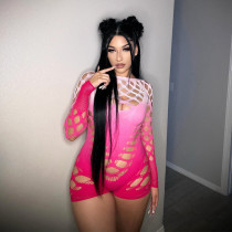 Integrated high elasticity tie dyed hollow out long sleeved jumpsuit