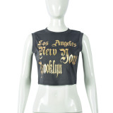 Printed Sleeveless Open Navel Round Neck Personalized Fashion T-shirt