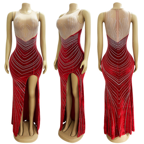 Splicing Mesh Hot Diamond Nightclub Dress Long Sleeveless Dress