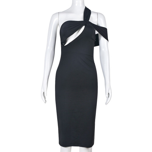 Hollow out diagonal collar dress