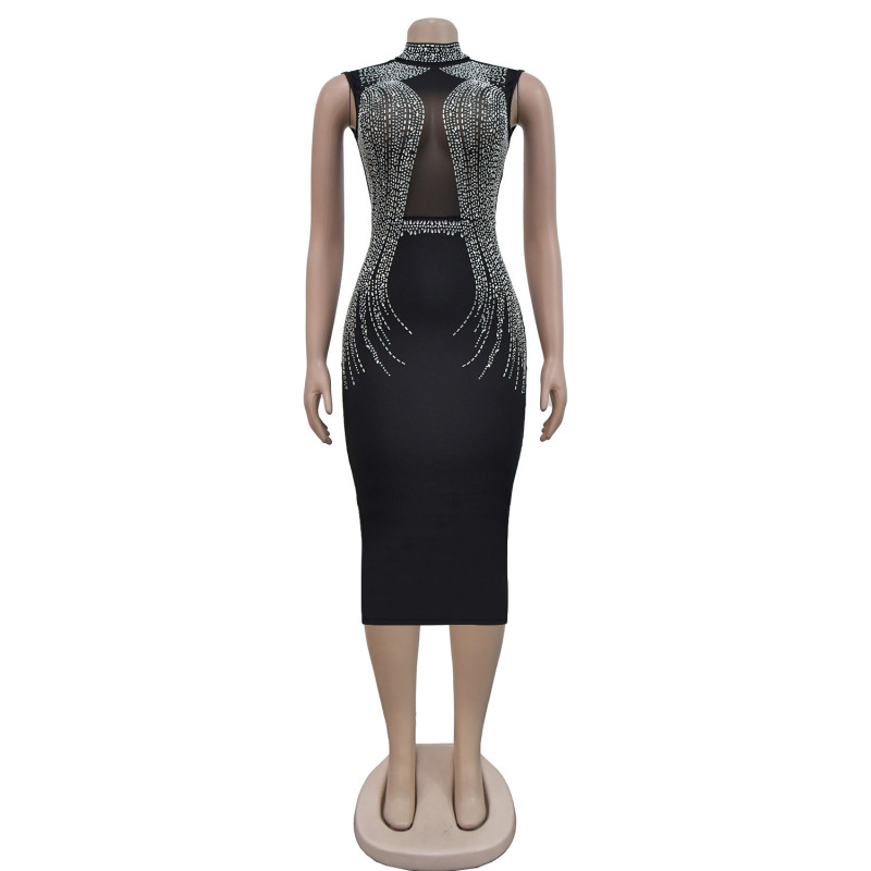 Women's mesh hot diamond sleeveless mid length dress
