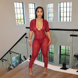 Deep V short sleeved high waisted tight fitting jumpsuit pants